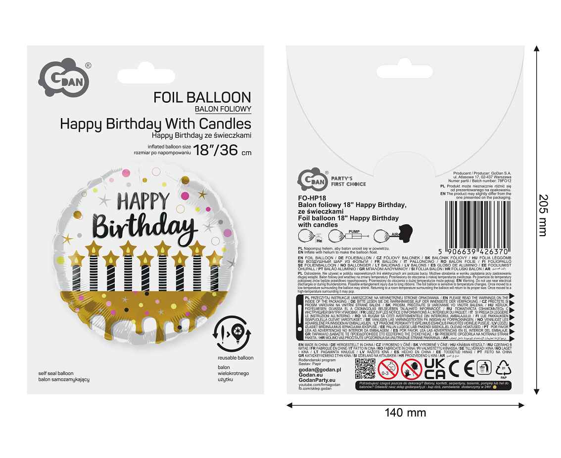 Balon foliowy 18" Happy Birthday ze świeczkami FO-HP18 GoDan
